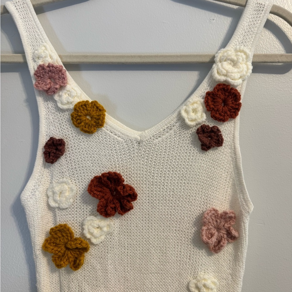 White Knit Tank Dress with Hand Made Floral Accents